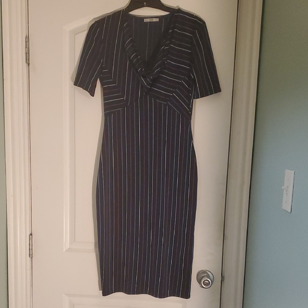 Zara Navy and White Striped Midi Dress